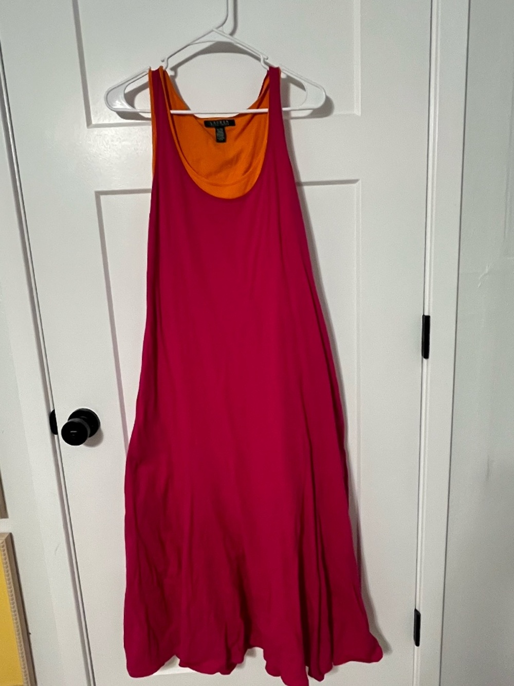 Lauren Ralph Lauren Layered Tank Maxi Dress 100% Cotton Lined Pink Orange XL EUC